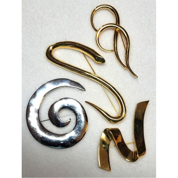 Vtg 80s Oversized Brooch 4 Pc Lot Abstract Mod Swirls Swish Goldtone Silvertone - Picture 3 of 7